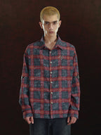 DICETINY Embroidered Leather Metal Logo Button Plaid Long Sleeved Shirt