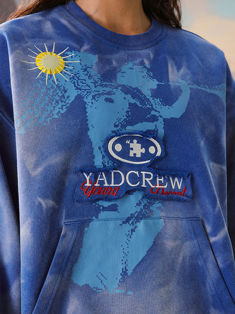 YADcrew Washed Patch Angel Embroidery Printed Sweatshirt
