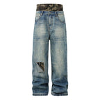 YADcrew Camouflage Splicing Double Waistband Baggy Jeans