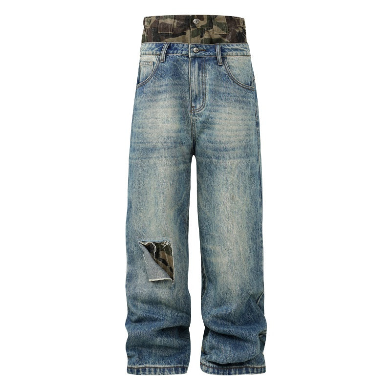 YADcrew Camouflage Splicing Double Waistband Baggy Jeans