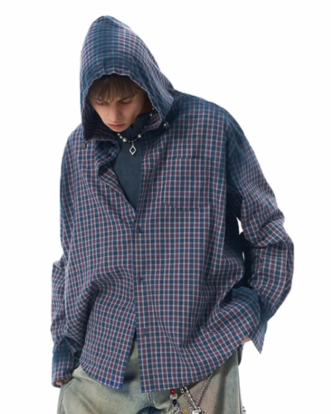 JHYQ Gradation Plaid Hooded Long Sleeved Shirt