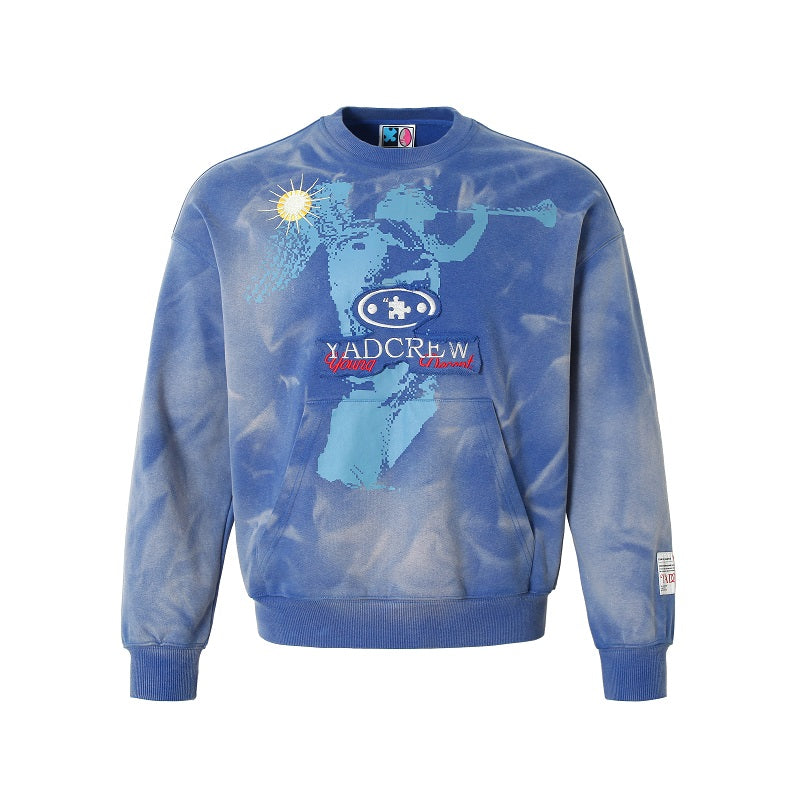 YADcrew Washed Patch Angel Embroidery Printed Sweatshirt