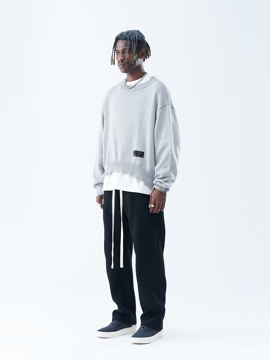 Harsh and Cruel Patch Label Distressed Knit Sweater