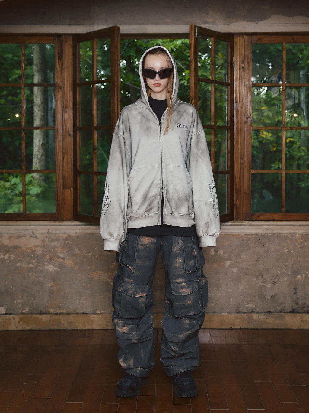 STEEPC Blade Drop Shoulder Dirty Zip Hoodie