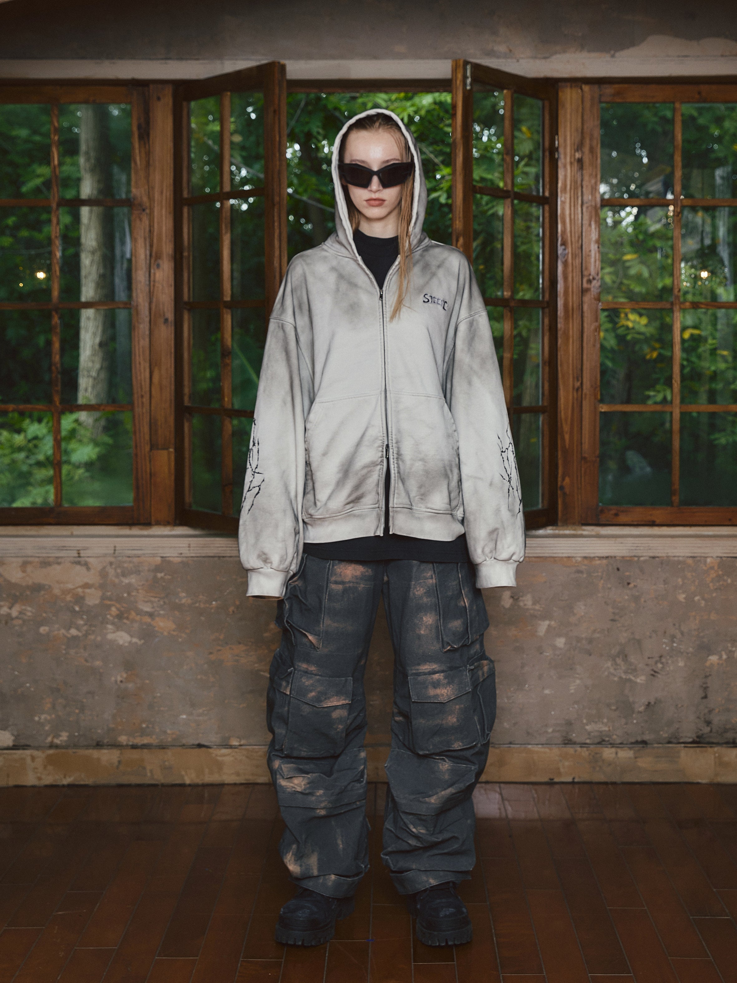 STEEPC Blade Drop Shoulder Dirty Zip Hoodie