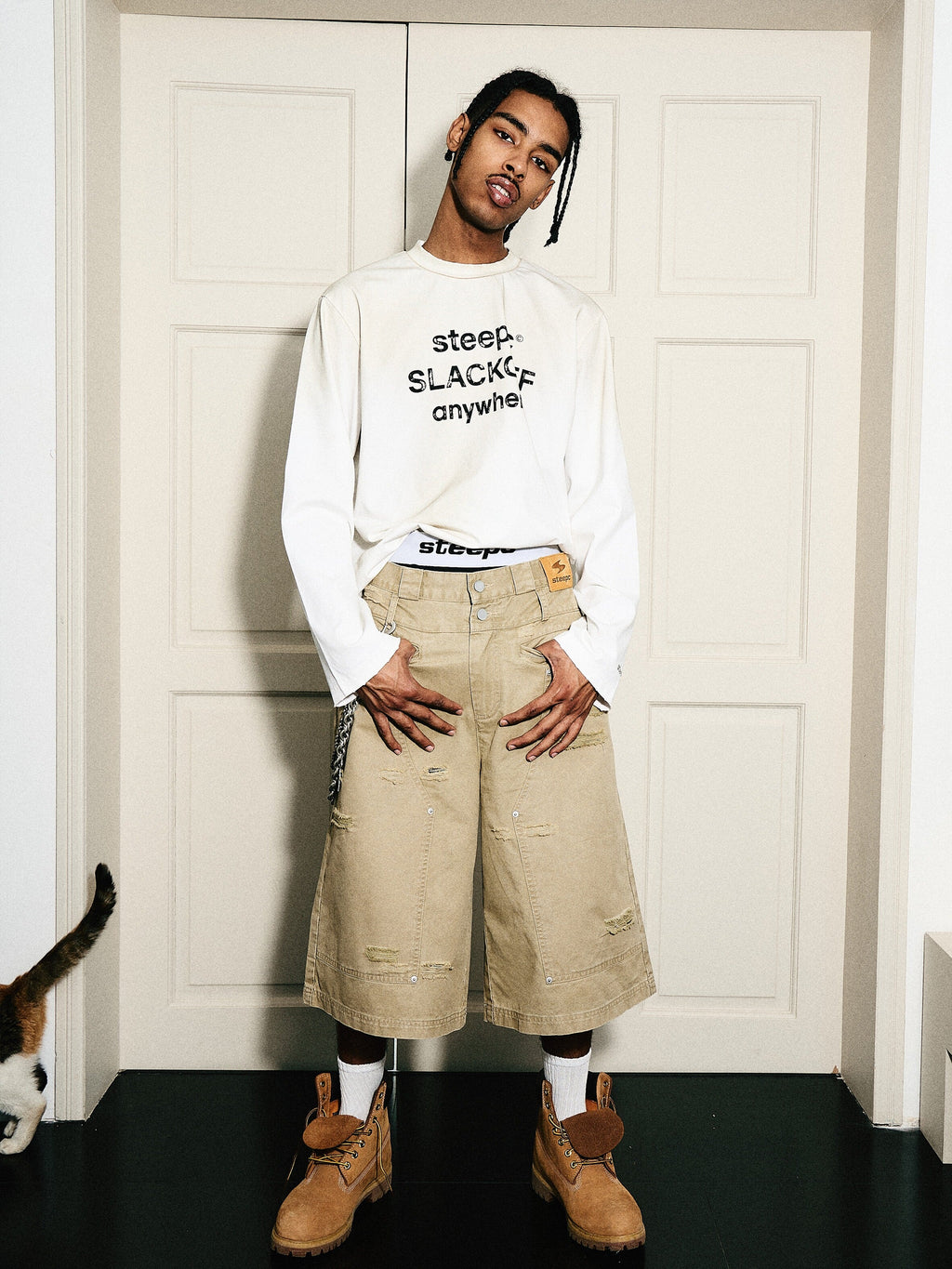 STEEPC Aged Torn Double Waisted Lumberjack Double Knee Baggy Shorts