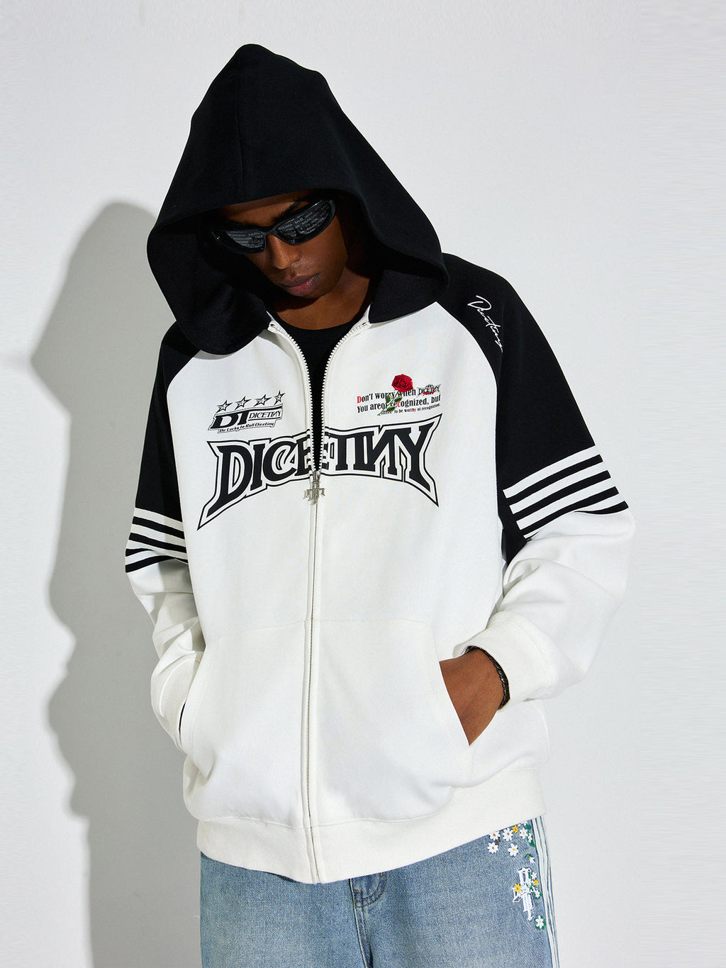 DICETINY Rose Embroidery Logo Printed Zip Up Hoodie