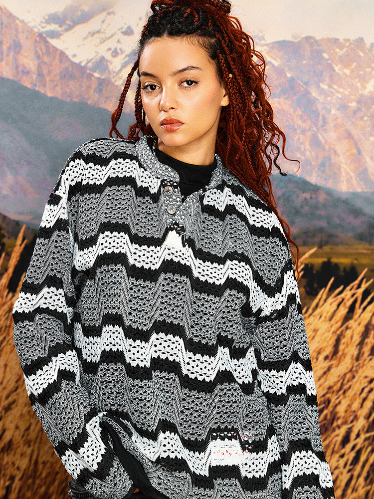 YADcrew Geometric Stripe Henley Neck Long Sleeve Knit Sweater