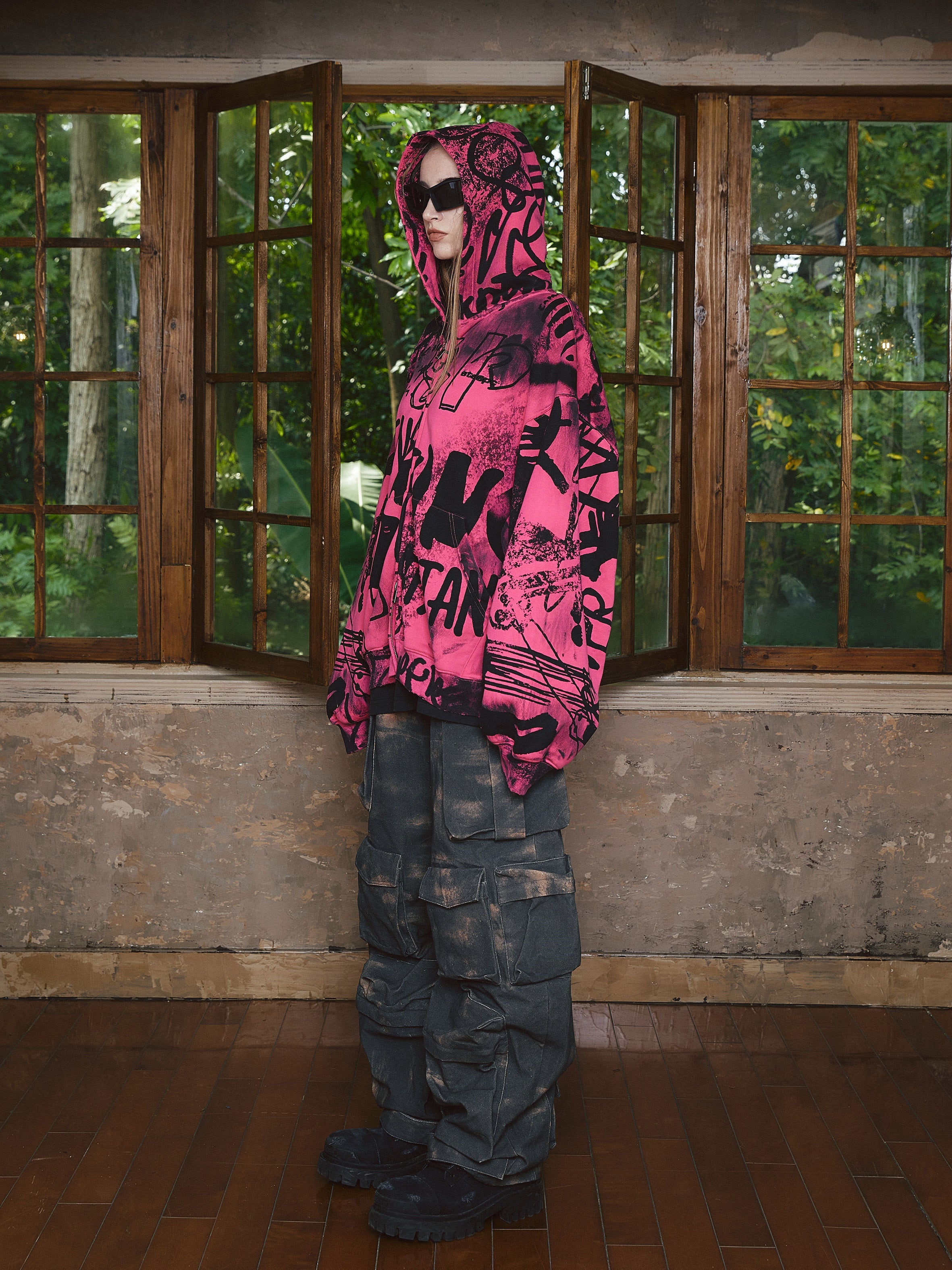 STEEPC Pink Graffiti Drop Shoulder Zip Hoodie