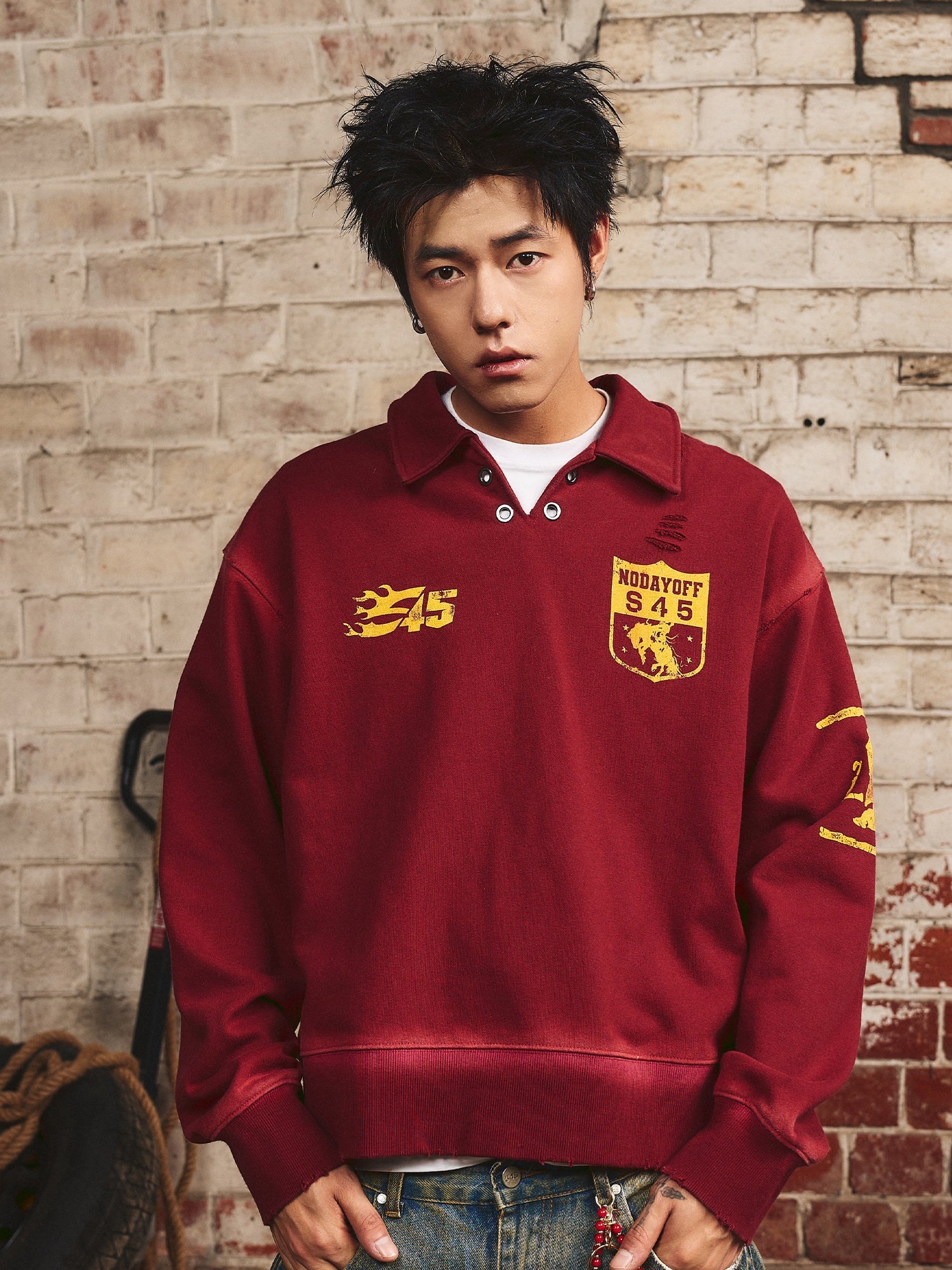 S45 Vintage Lapel Patch Polo Sweatshirt