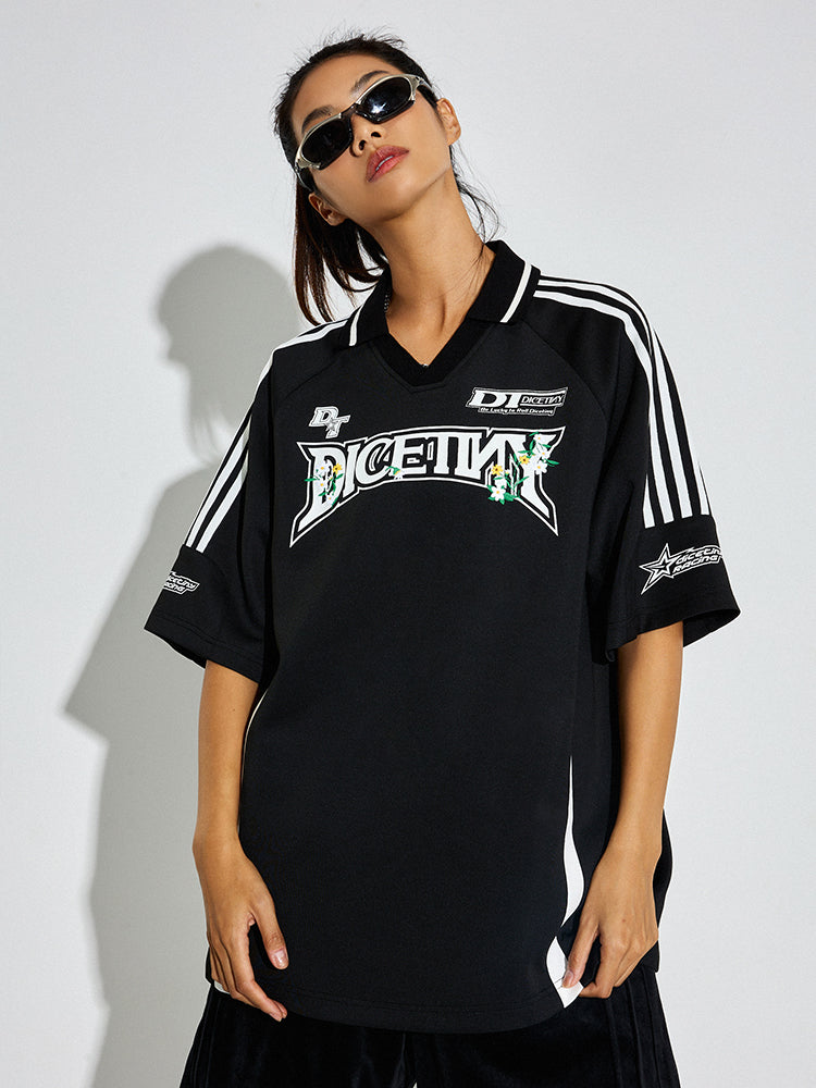 DICETINY Floral Logo Print Soccer Jersey Polo Shirt