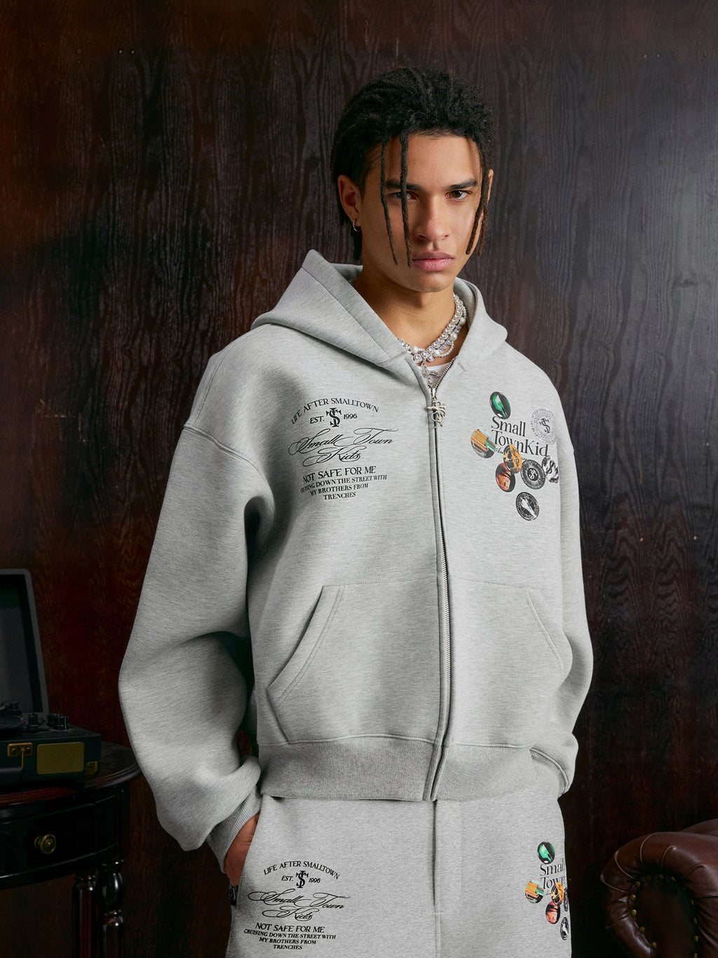 Small Town Kid Badge Logo Print Zip Up Hoodie