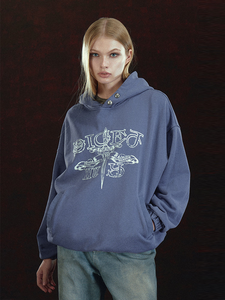 DICETINY Metal Studs Button Sword Printed Hoodie