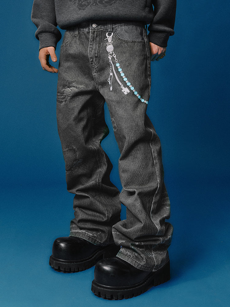 YADcrew Chain Embossed Print Jeans
