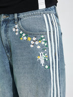 DICETINY Side Striped Floral Embroidered Washed Jeans
