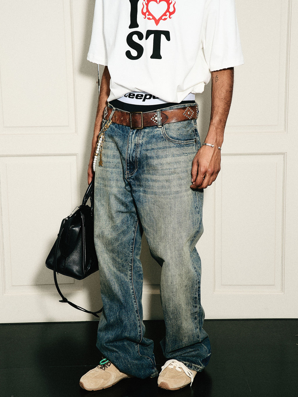 STEEPC Vintage Washed Cat Whisker Bootcut Jeans