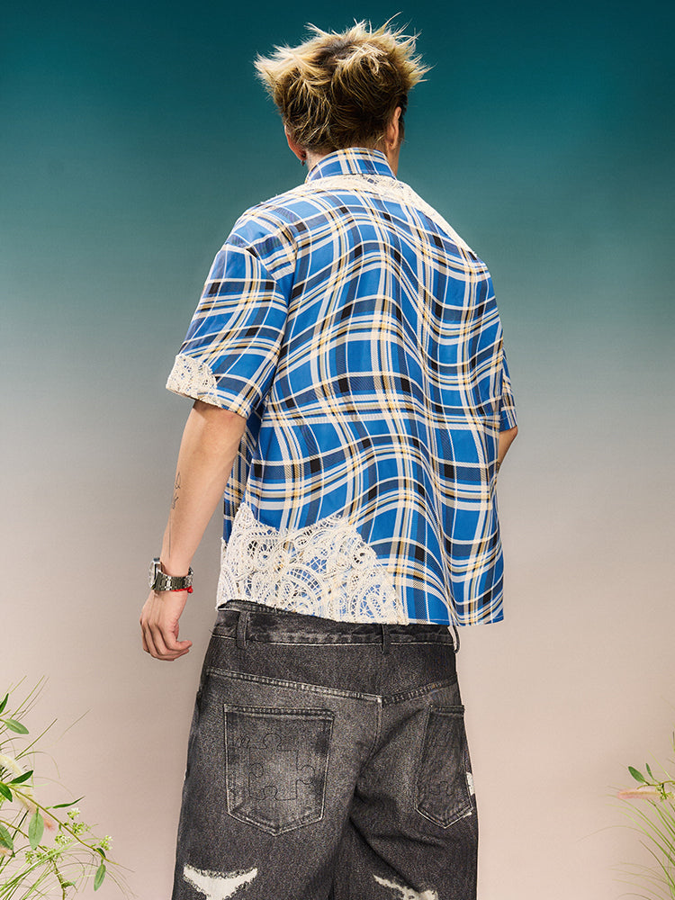 YADcrew Twisted Plaid Lace Splicing Short Sleeve Shirt