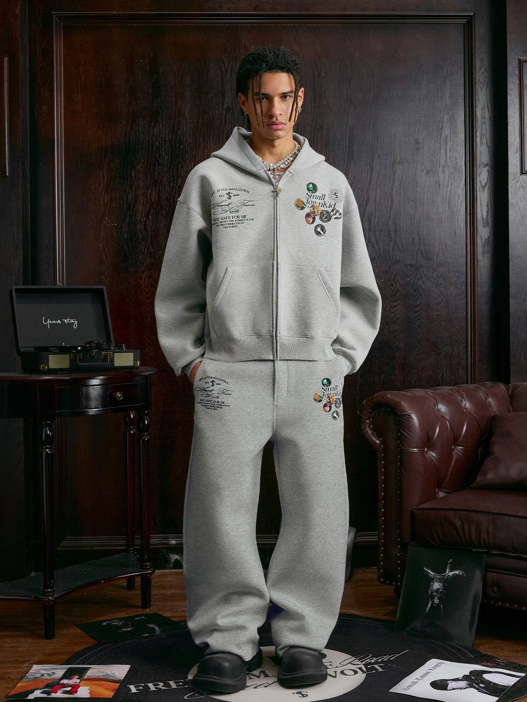 Small Town Kid Badge Logo Print Zip Up Hoodie