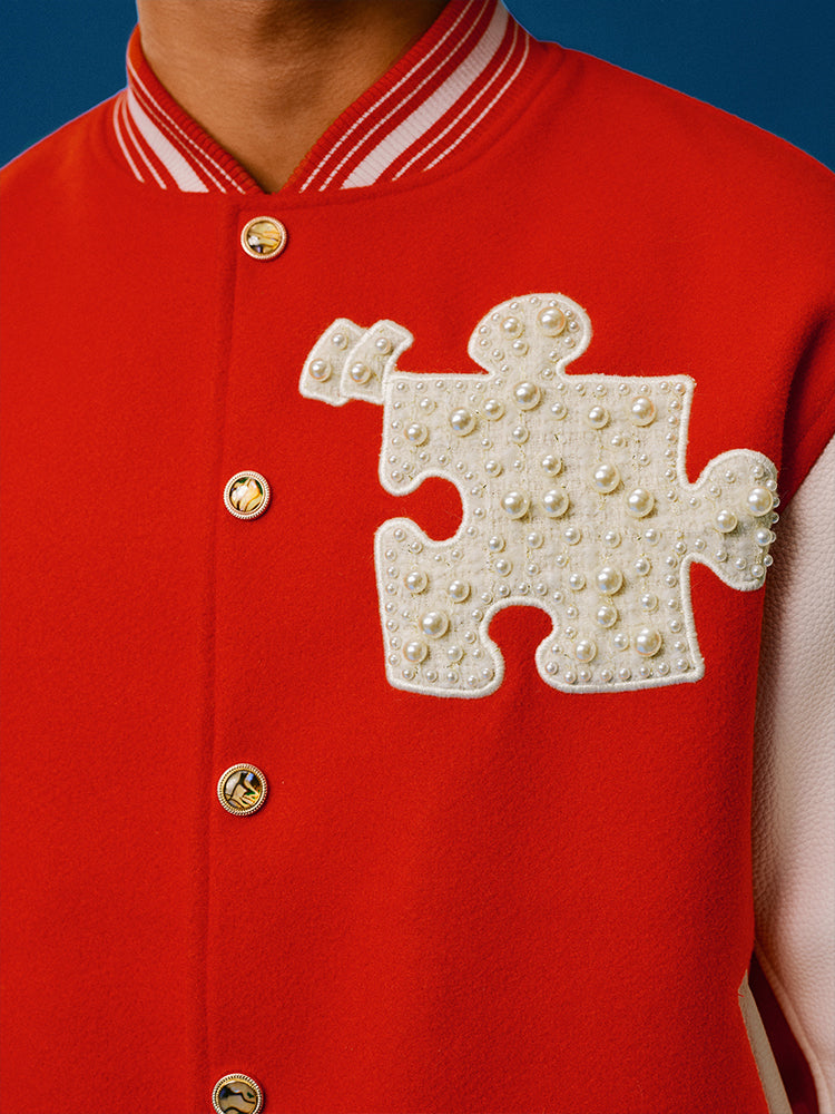 YADcrew Puzzle Snake Pearl Varsity Jacket
