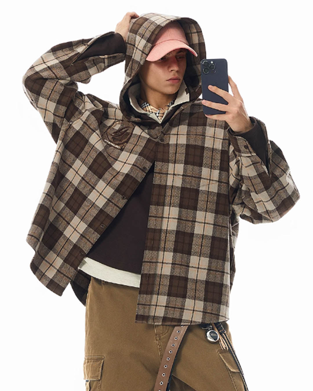 JHYQ Work Plaid Embroidery Hooded Shirt Jacket