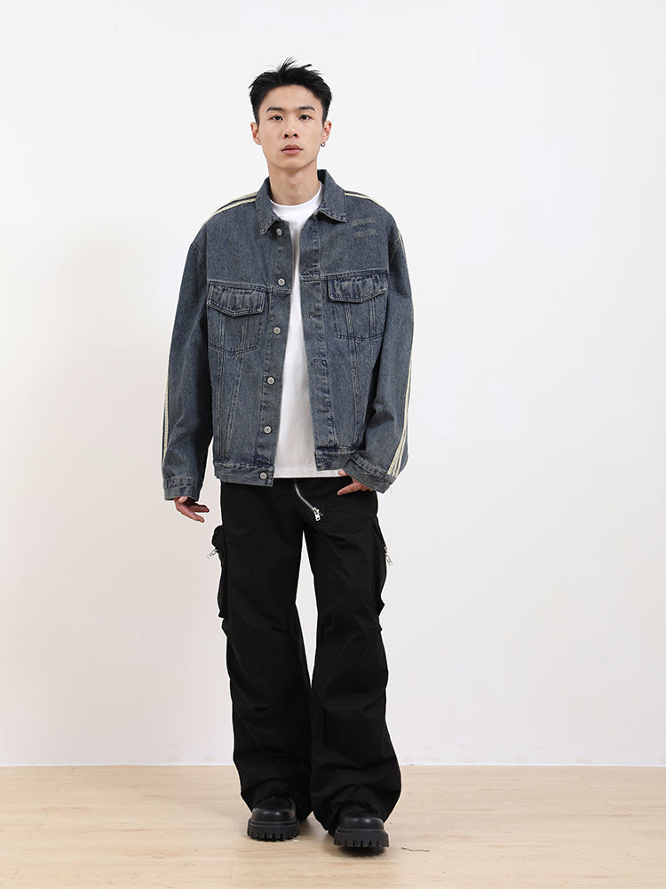 F3F Select Three Bar Striped Washed Denim Jacket