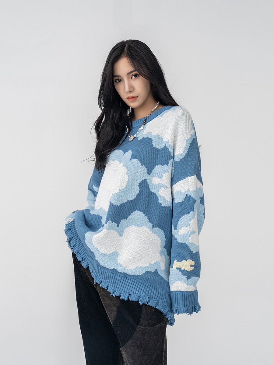 Harsh and Cruel Blue Sky Cloud Ripped Knit Sweater