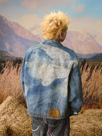 YADcrew Lace Peace Dove Faux Distressed Washed Print Denim Jacket