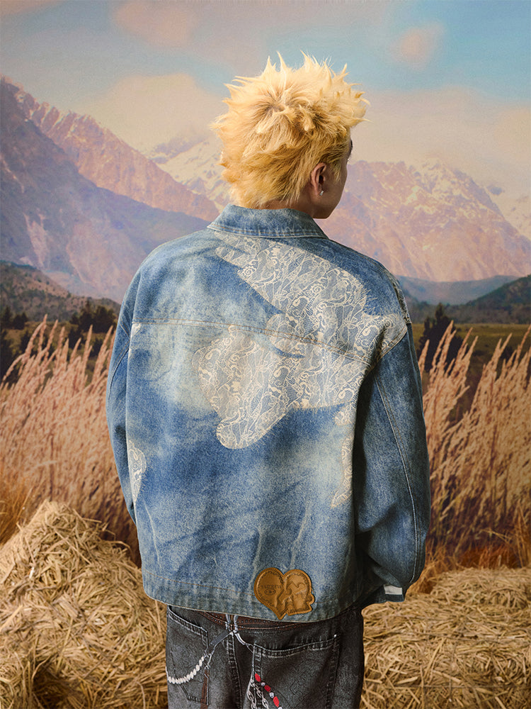 YADcrew Lace Peace Dove Faux Distressed Washed Print Denim Jacket