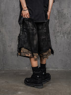 UNDERWATER Double Layer Damage Black Cargo Denim Shorts | Baggy Jorts