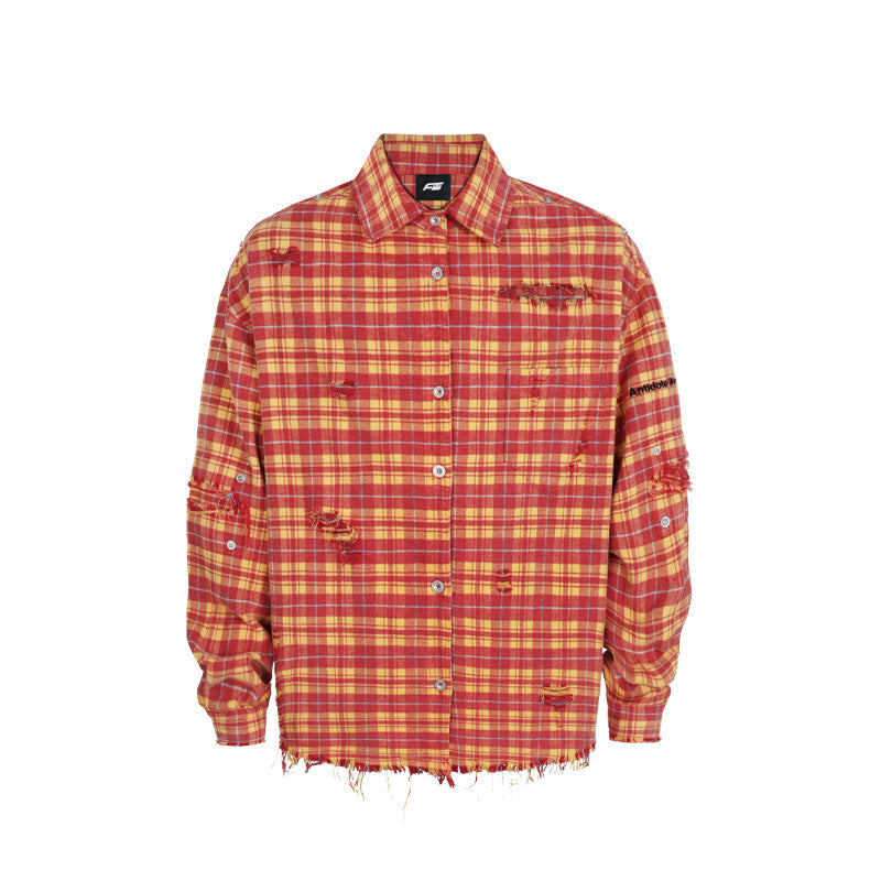 ANTIDOTE Destroyed Studded Plaid Long Sleeve Shirt