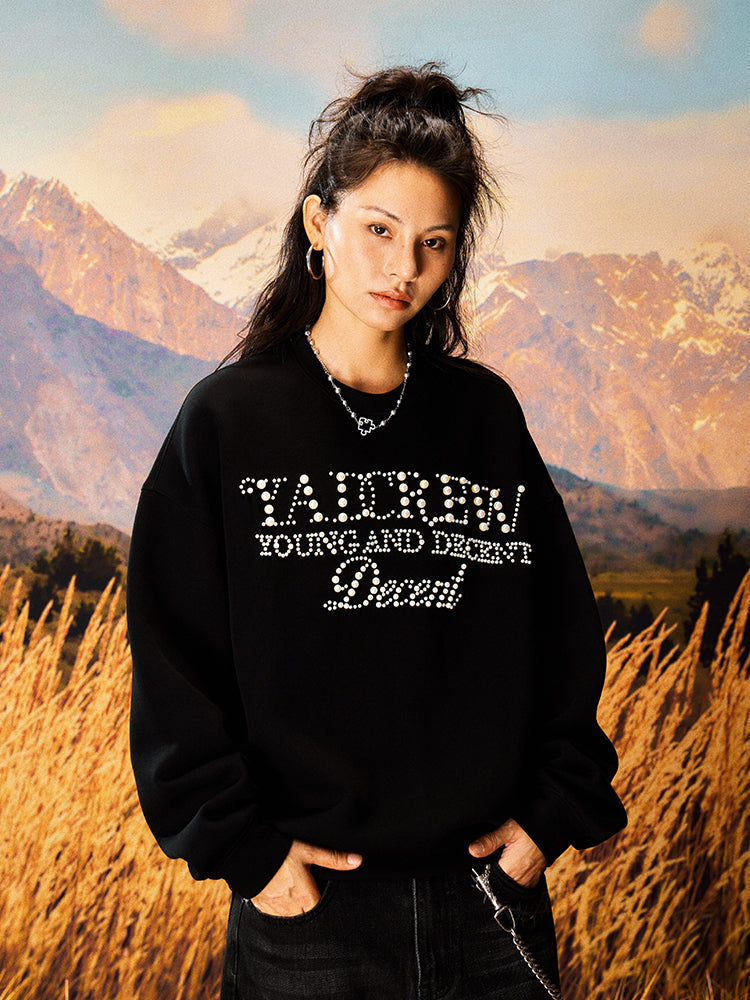 YADcrew Pearl Beadwork Text Typography Sweatshirt