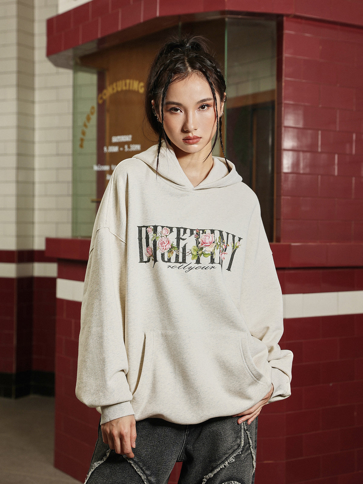 DICETINY Basic Logo Rose Floral Print Hoodie