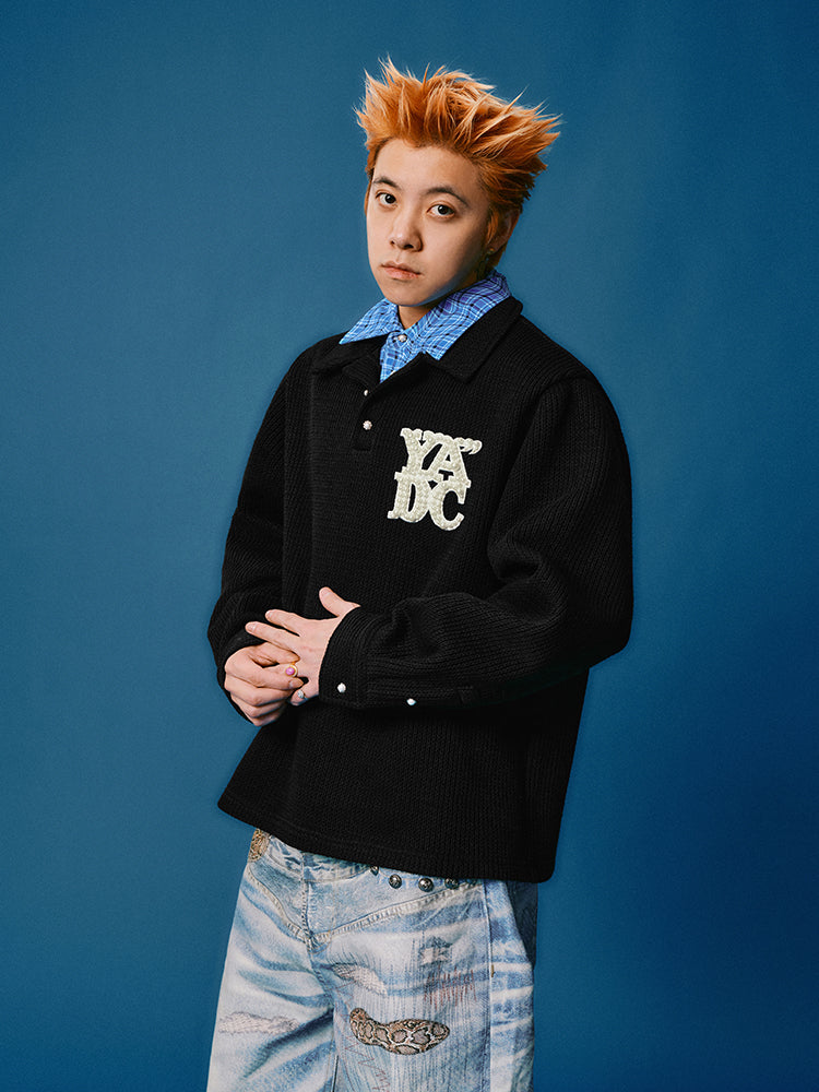 YADcrew Pearl Logo Double Collar Polo Knit Sweater