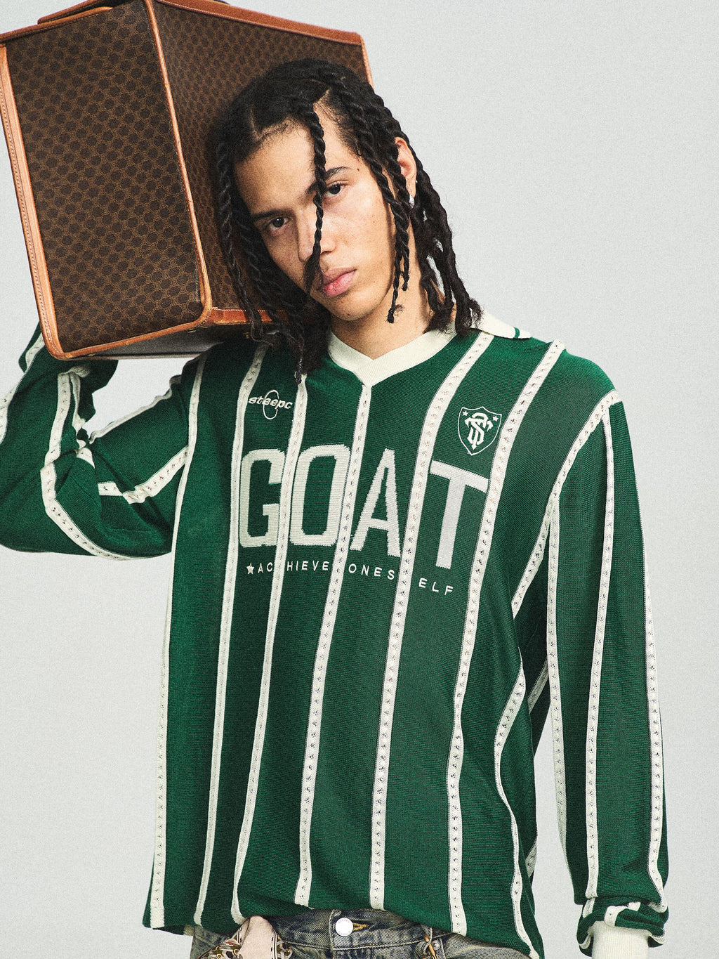 STEEPC Striped Knit GOAT Long Sleeve V-Neck Polo Jersey