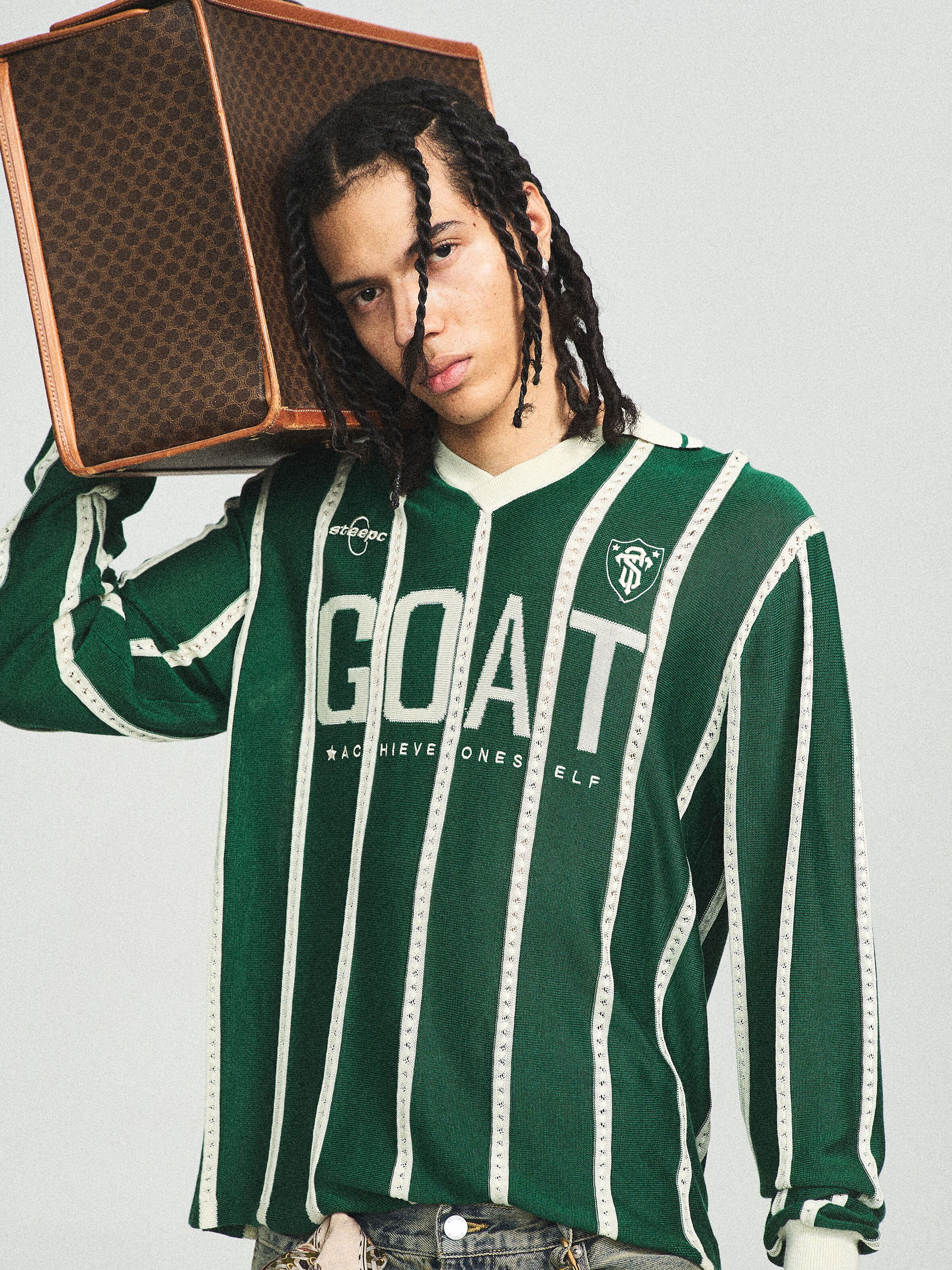 STEEPC Striped Knit GOAT Long Sleeve V-Neck Polo Jersey