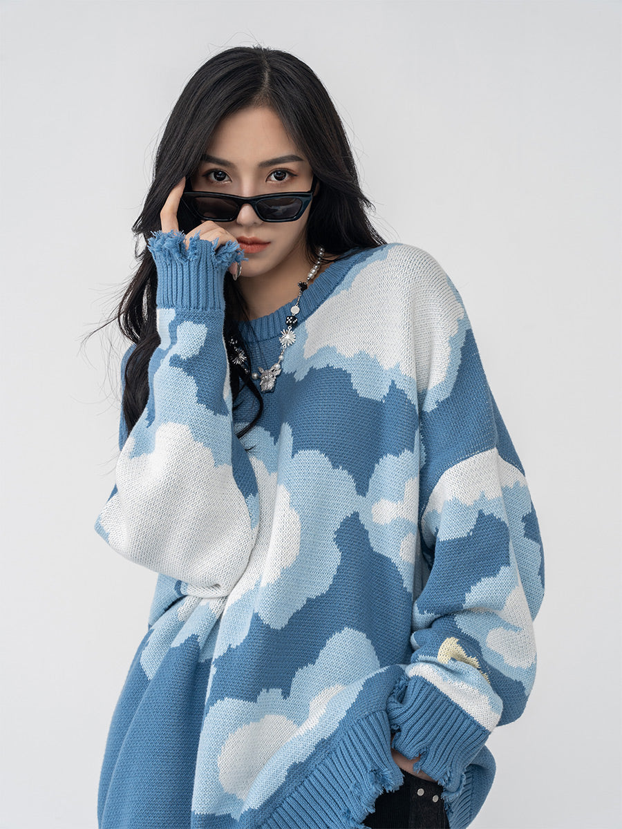 Harsh and Cruel Blue Sky Cloud Ripped Knit Sweater