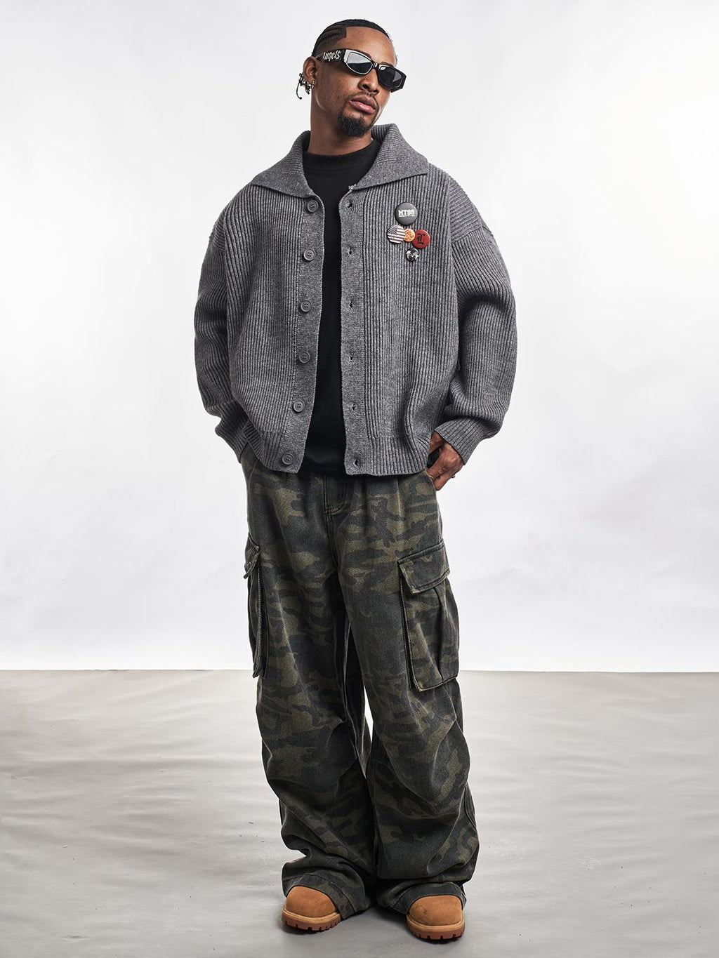 F3F Select Wide Lapel Gray Button Knit Cardigan