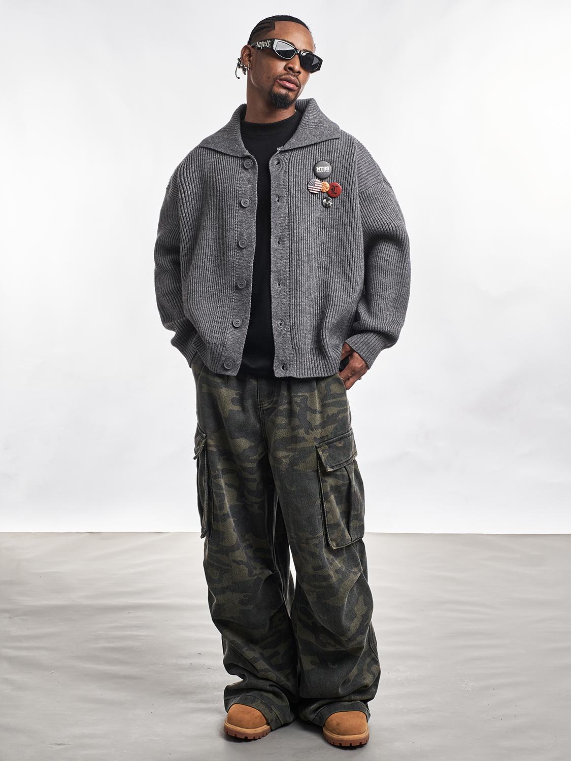 F3F Select Wide Lapel Gray Button Knit Cardigan