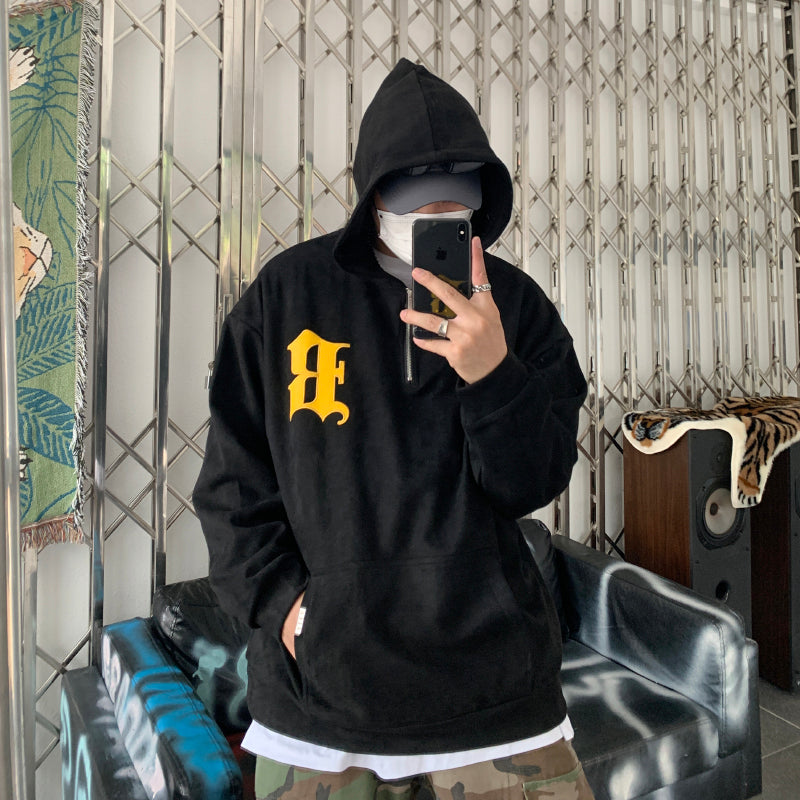 F3F Select B Logo Embroidered Suede Half Zip Hoodie