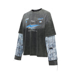 F2CE Washed Racing Patchwork Crackle Printed Long Sleeve Tee