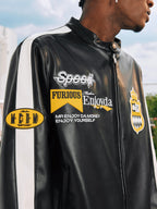 MEDM Striped Embroidered PU Leather Single Rider Jacket