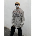 Skeleton Letters Frayed Distressed Knit Sweater