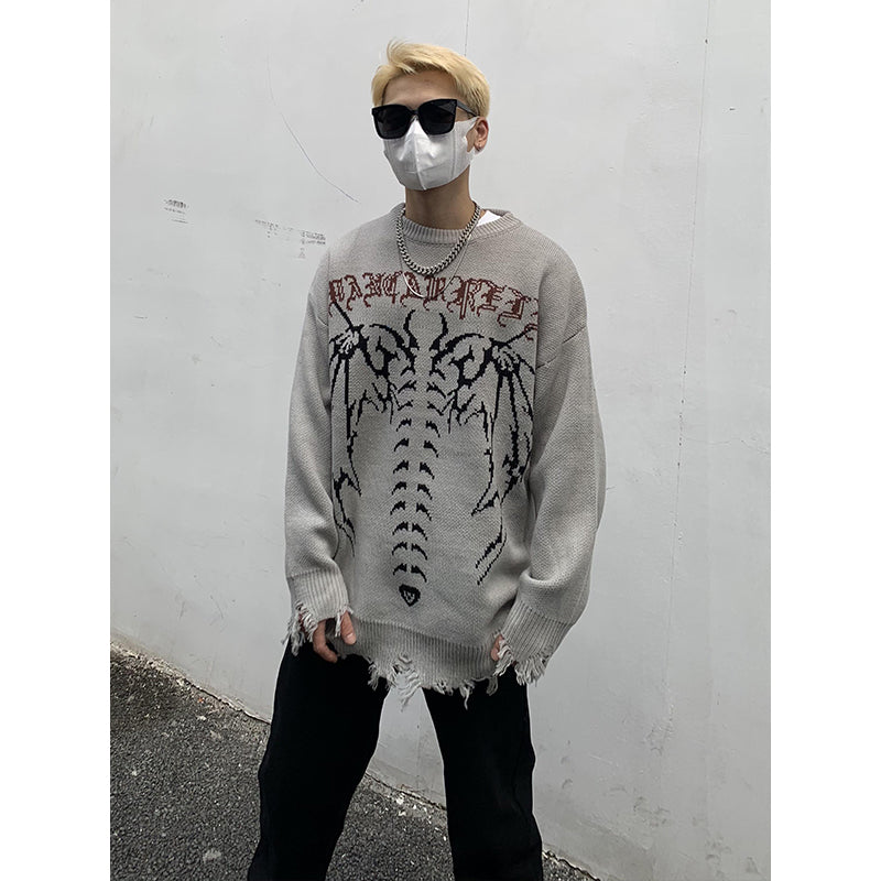 Skeleton Letters Frayed Distressed Knit Sweater
