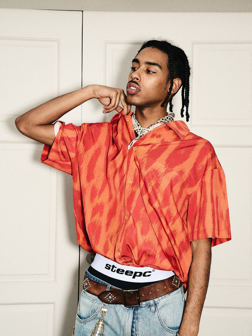 STEEPC Digital Full Print Orange Leopard Cuban Shirt