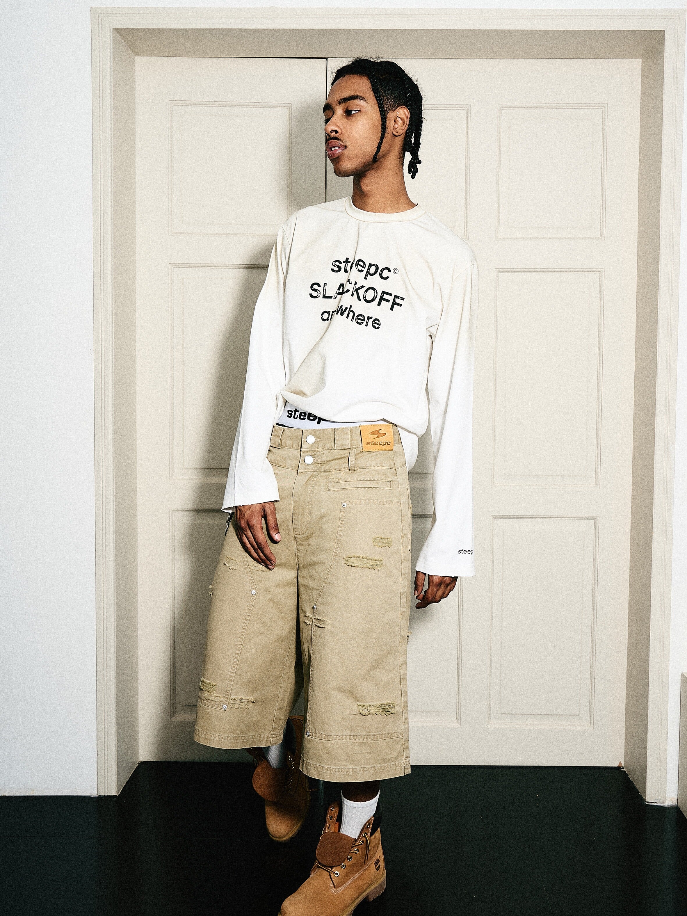 STEEPC Aged Torn Double Waisted Lumberjack Double Knee Baggy Shorts