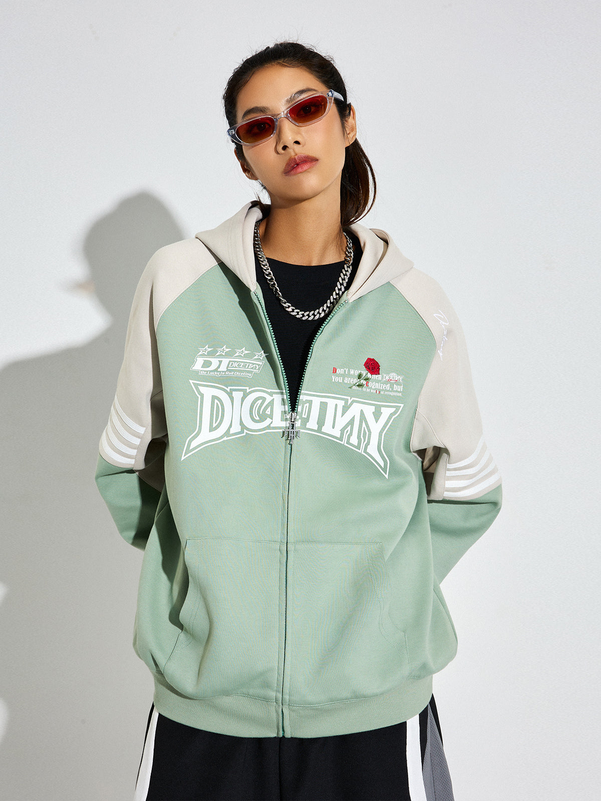 DICETINY Rose Embroidery Logo Printed Zip Up Hoodie
