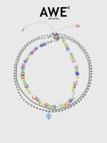 AWE Three Layered Colored Glazed Flower Beaded Necklace