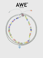 AWE Three Layered Colored Glazed Flower Beaded Necklace