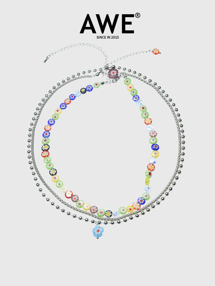 AWE Three Layered Colored Glazed Flower Beaded Necklace