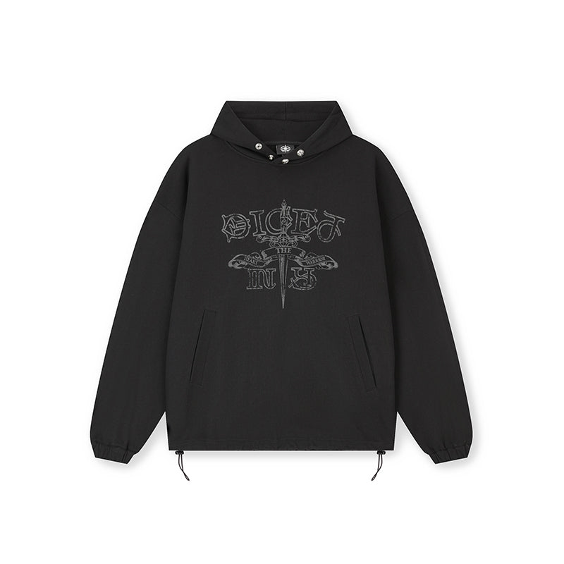 DICETINY Metal Studs Button Sword Printed Hoodie